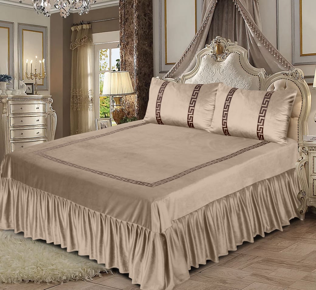 Bin Riaz 3PC Shine Velvet Applique Bridal Bed Set Rose Brown-Moose Color