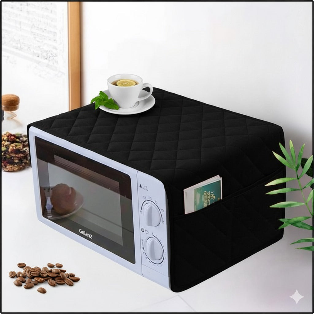 Waterproof Quilted Microwave Oven Cover With Side Pockets (Black)