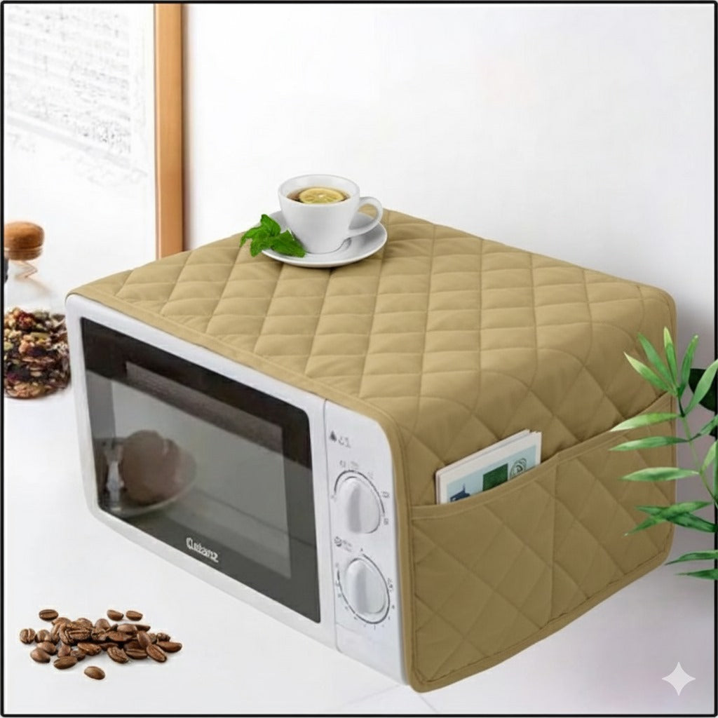 Waterproof Quilted Microwave Oven Cover With Side Pockets (Beige)
