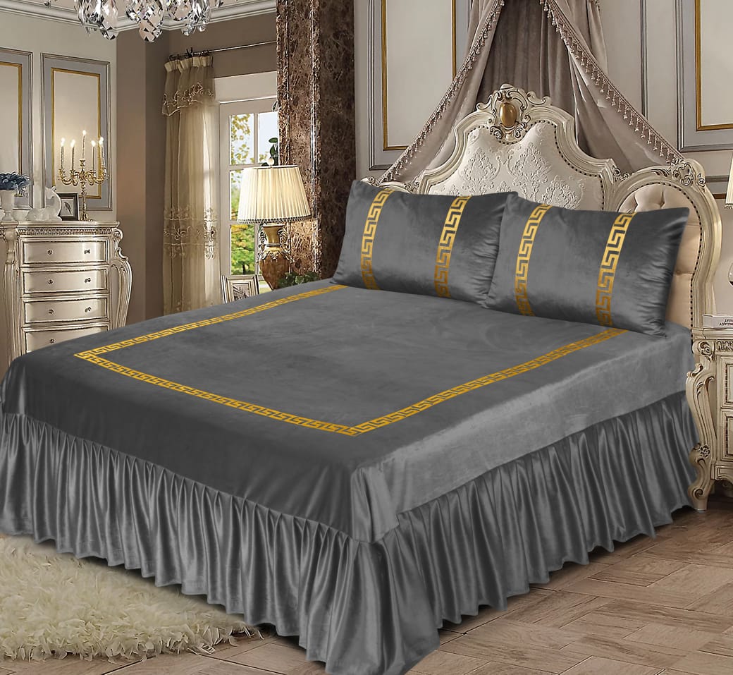 Bin Riaz 3PC Shine Velvet Applique Bridal Bed Set Grey Color
