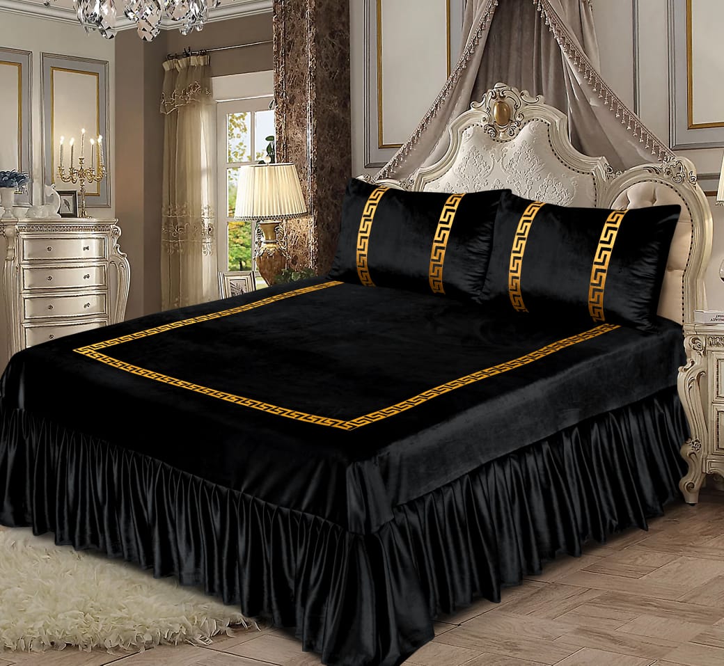 Bin Riaz 3PC Shine Velvet Applique Bridal Bed Set Black Color