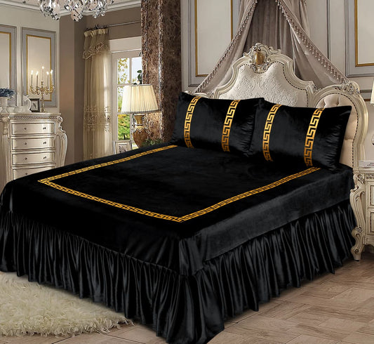 Bin Riaz 3PC Shine Velvet Applique Bridal Bed Set Black Color