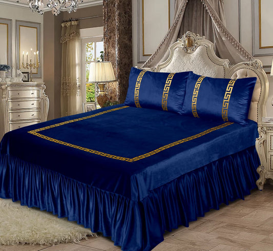 Bin Riaz 3PC Shine Velvet Applique Bridal Bed Set Blue Color