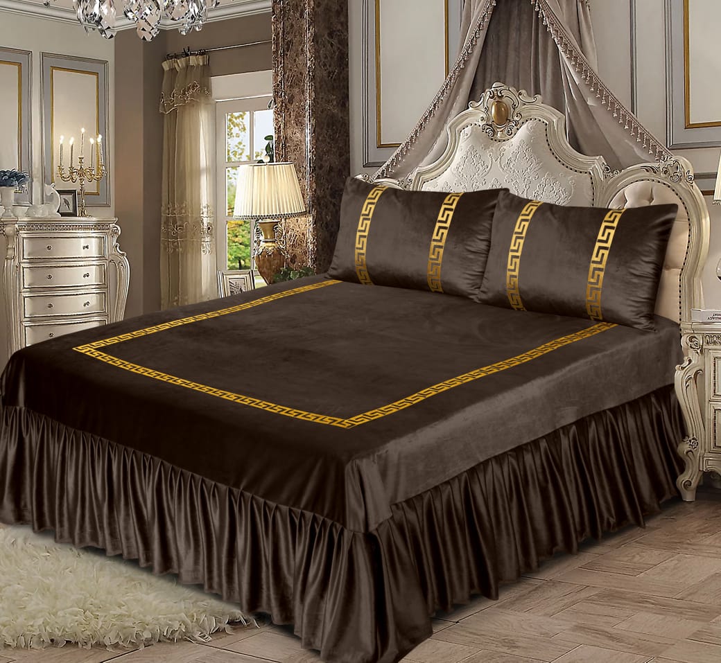 Bin Riaz 3PC Shine Velvet Applique Bridal Bed Set Dark Brown Color