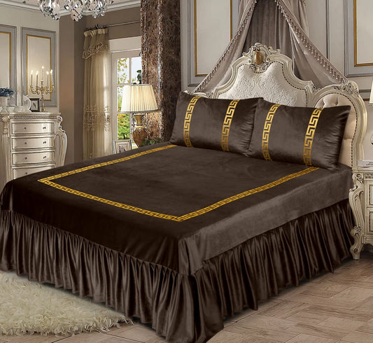 Bin Riaz 3PC Shine Velvet Applique Bridal Bed Set Dark Brown Color