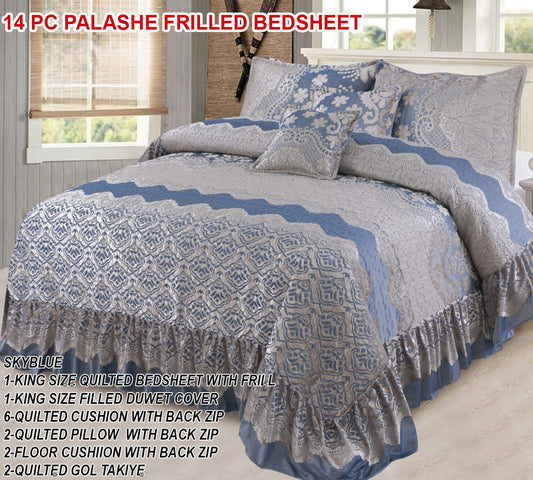 Bin Riaz 14Pcs Bridal Palashi Frilled Bedsheet Set Grey Color