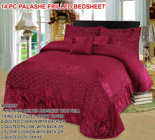 Bin Riaz 14Pcs Bridal Palashi Frilled Bedsheet Set Maroon Color