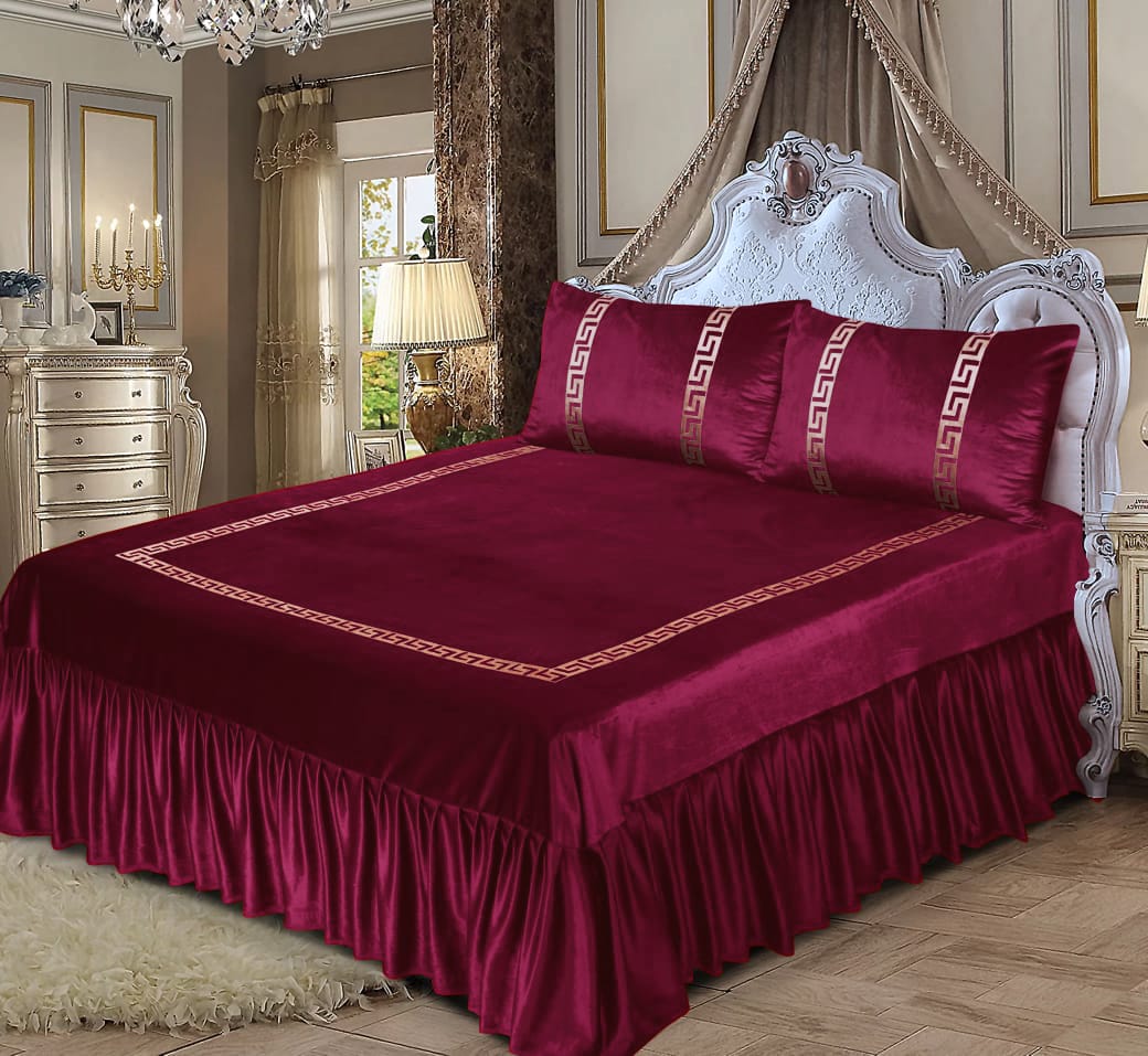 Bin Riaz 3PC Shine Velvet Applique Bridal Bed Set Maroon Color