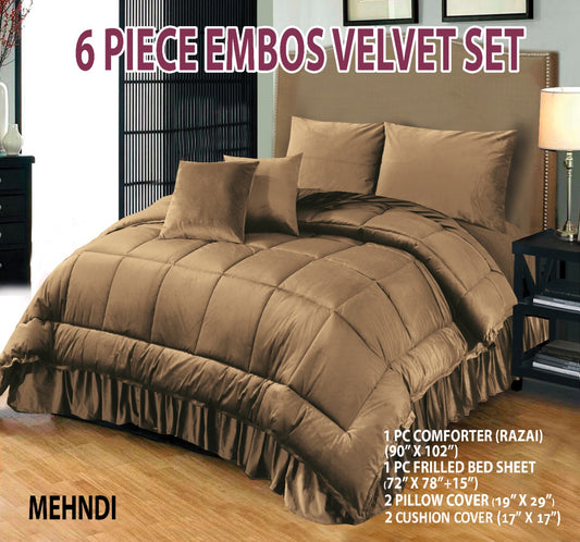 6Pcs Bridal Shine Velvet Razai Set Mehandi Color
