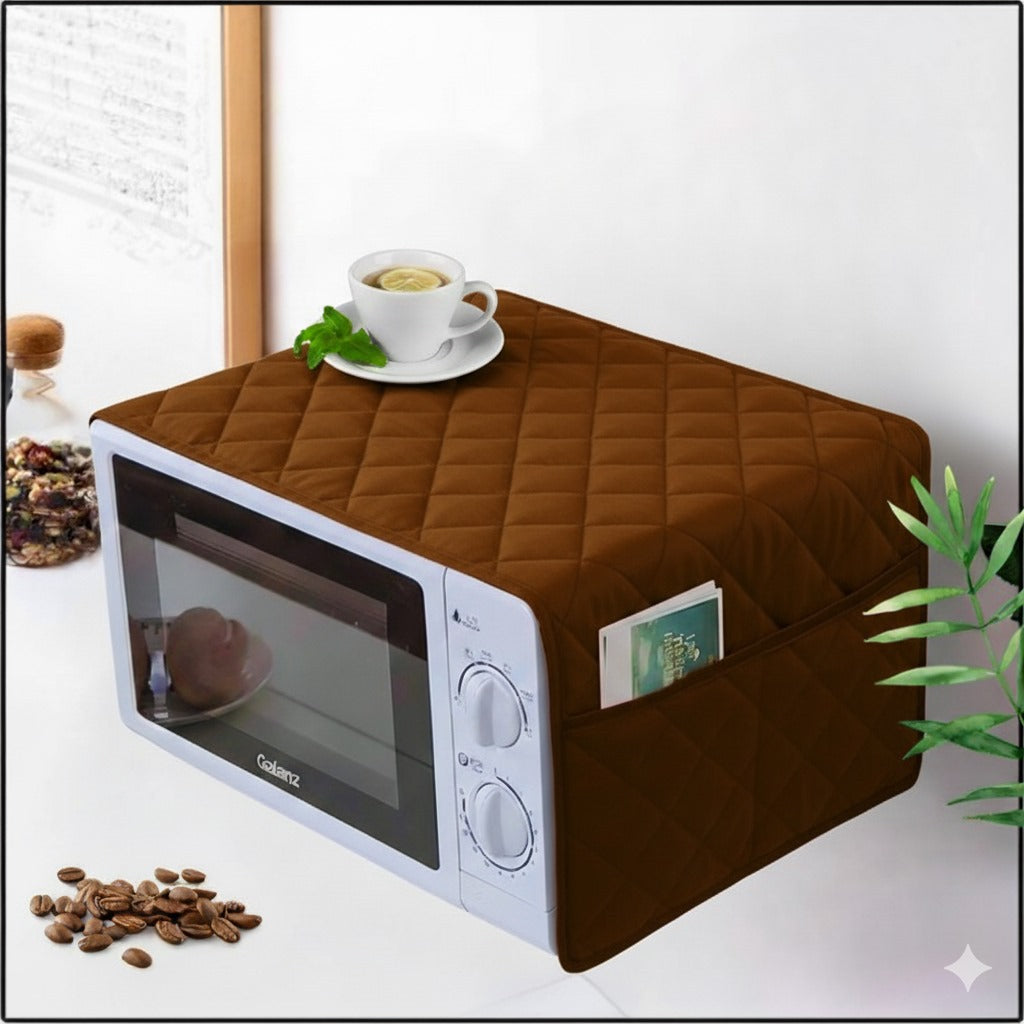 Waterproof Quilted Microwave Oven Cover With Side Pockets (Brown)