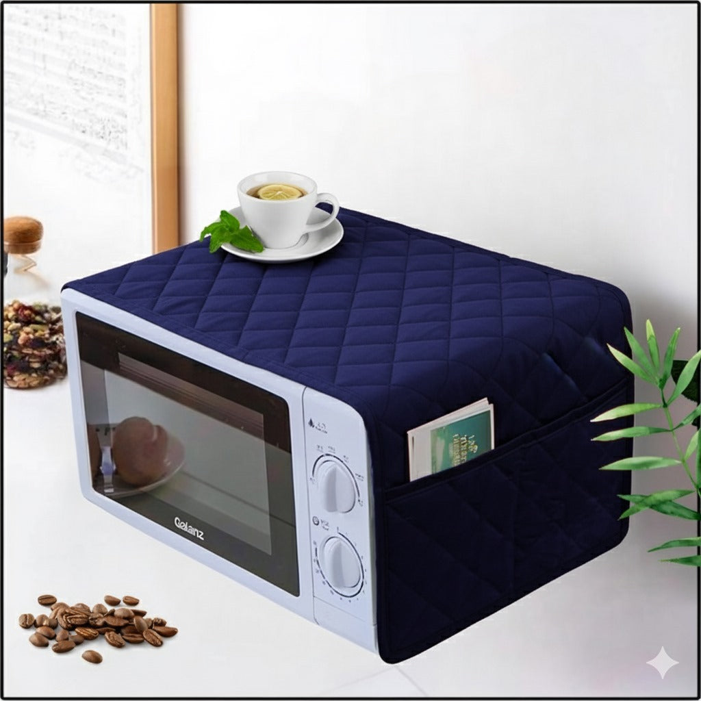 Waterproof Quilted Microwave Oven Cover With Side Pockets (Blue)