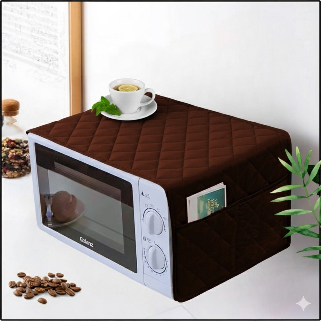 Waterproof Quilted Microwave Oven Cover With Side Pockets (Dark Brown)