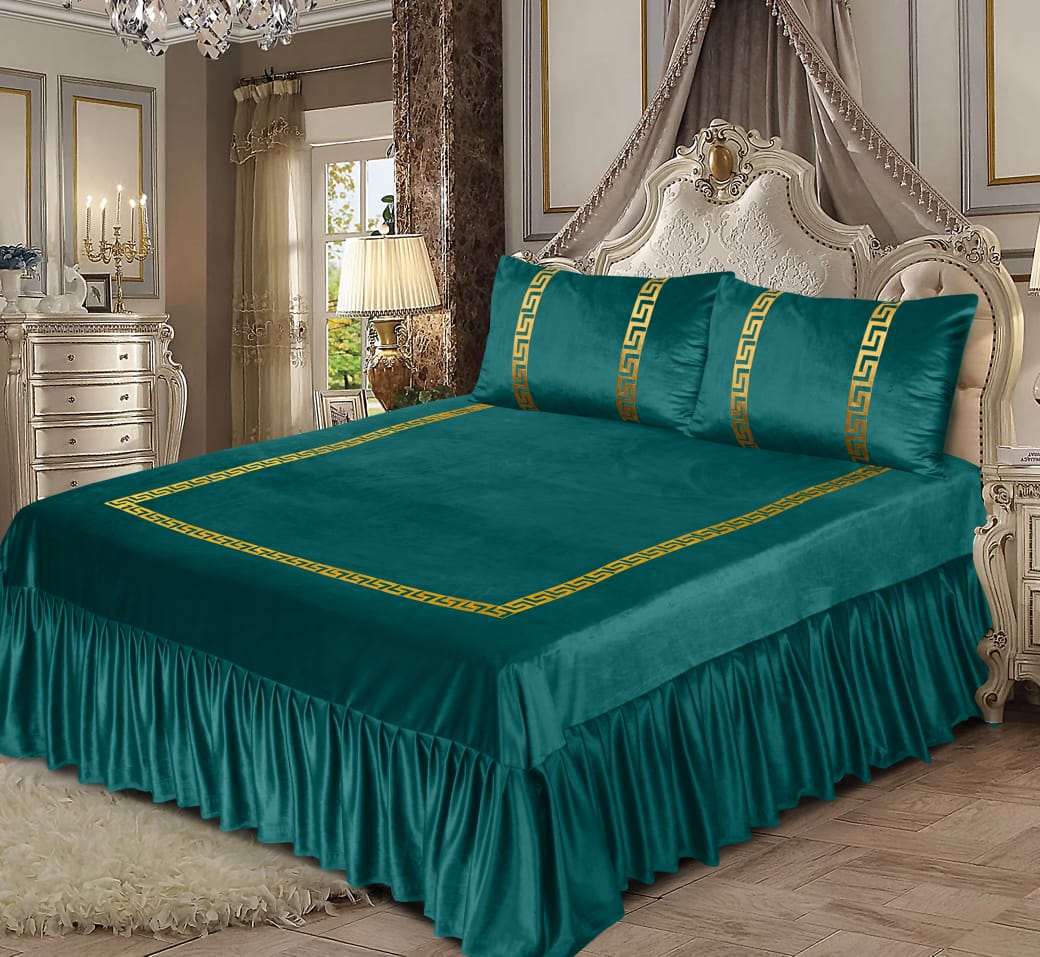 Bin Riaz 3PC Shine Velvet Applique Bridal Bed Set Zink Color
